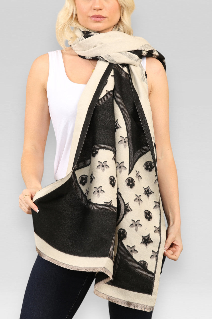 SJAAL MET BLOEMEN- & GEOMETRISCHE PRINT ZWART
