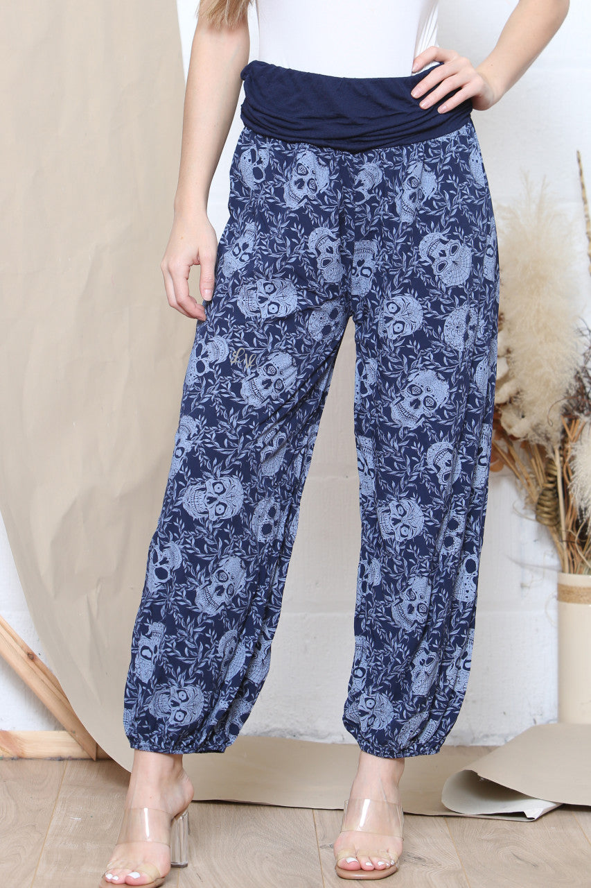 Ladies Skull Print Gypsy Style Trousers Navy