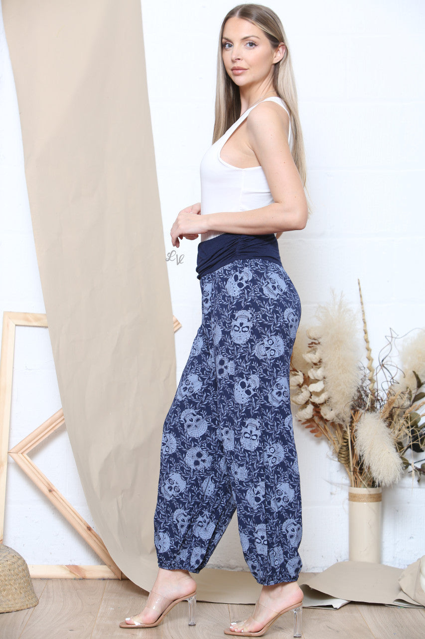 Ladies Skull Print Gypsy Style Trousers Navy