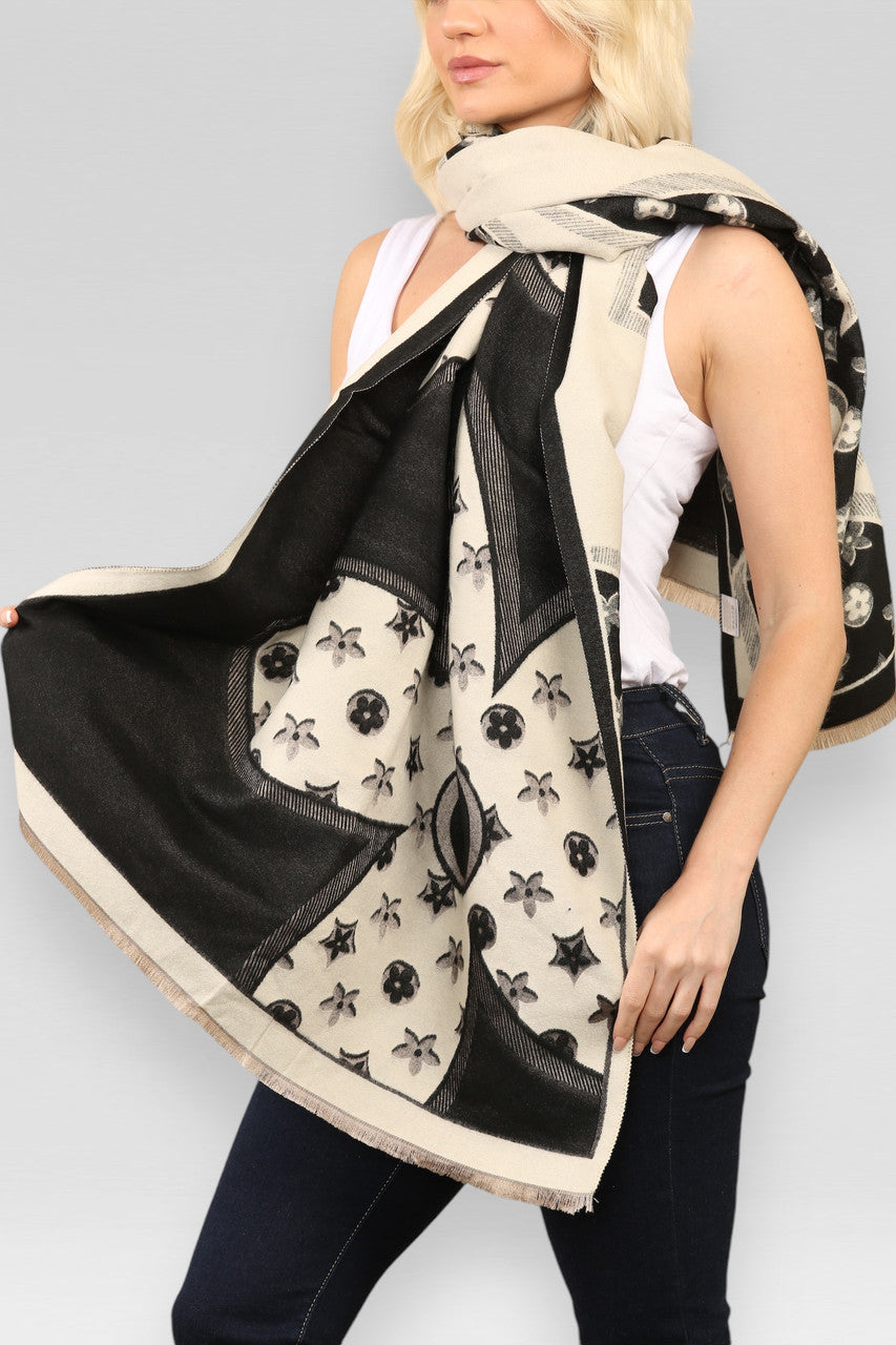 SJAAL MET BLOEMEN- & GEOMETRISCHE PRINT ZWART