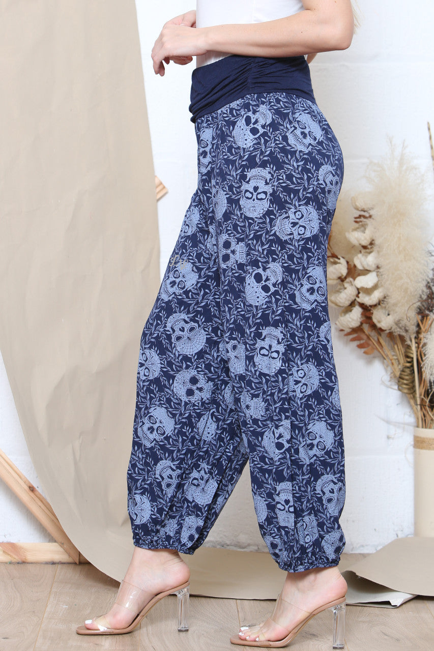 Ladies Skull Print Gypsy Style Trousers Navy