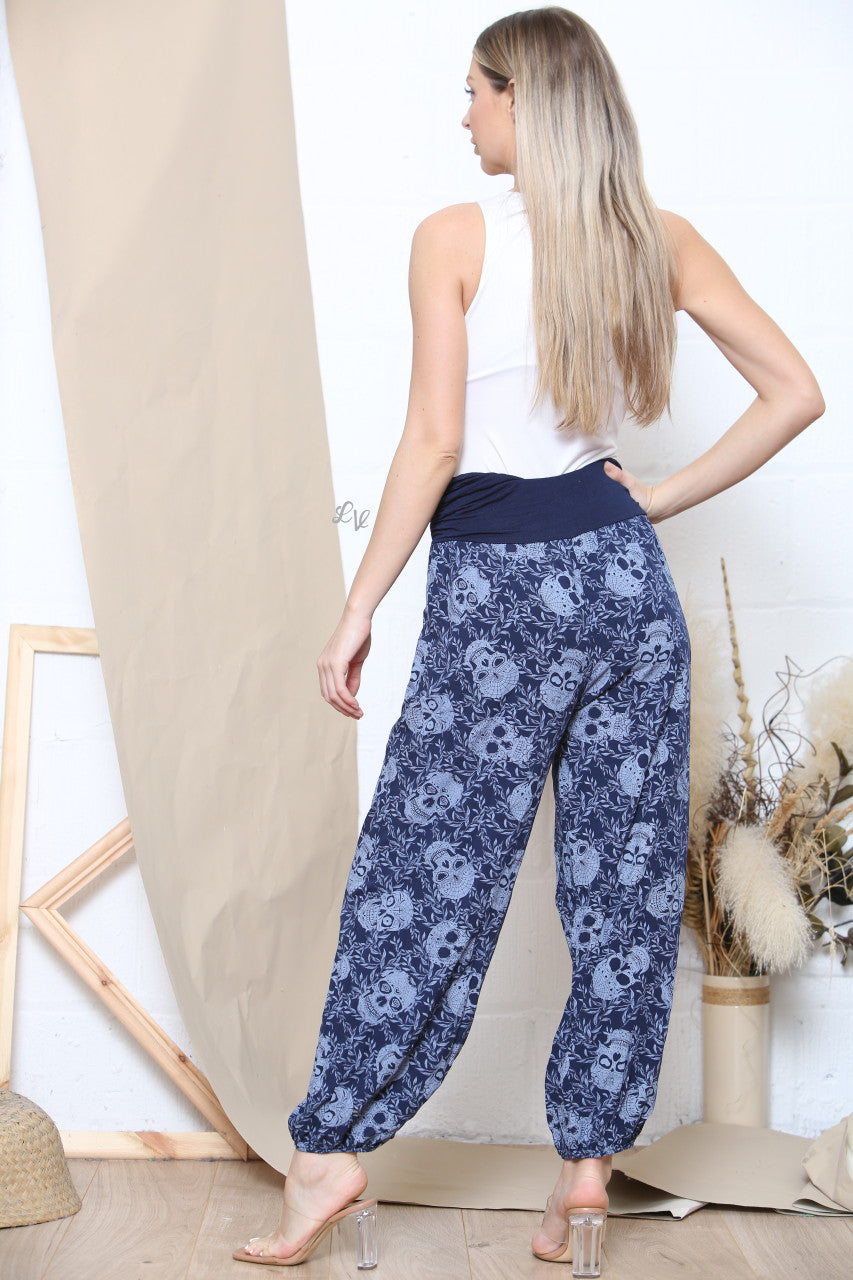 Ladies Skull Print Gypsy Style Trousers Navy