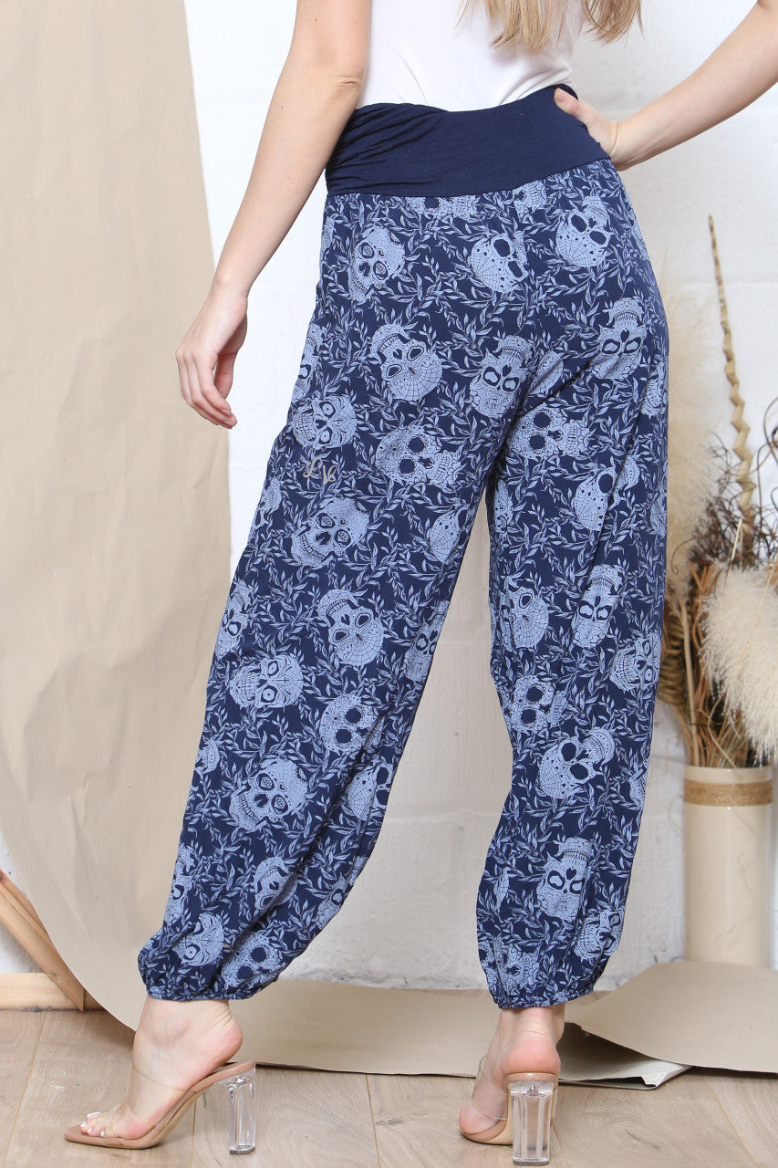 Ladies Skull Print Gypsy Style Trousers Navy