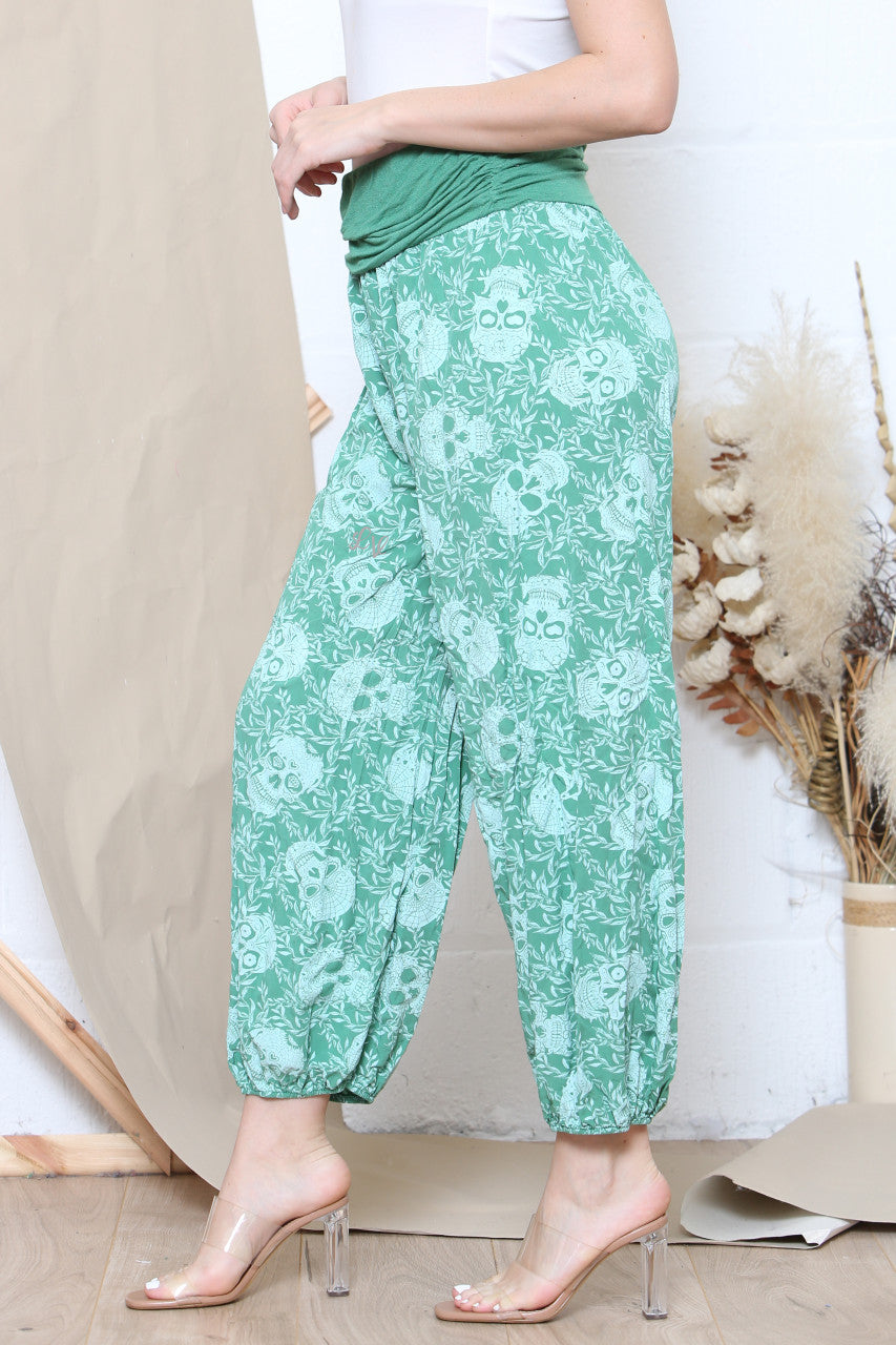Ladies Skull Print Gypsy Style Trousers Green