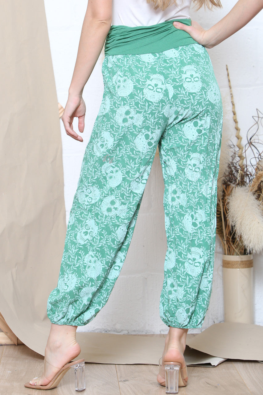 Ladies Skull Print Gypsy Style Trousers Green