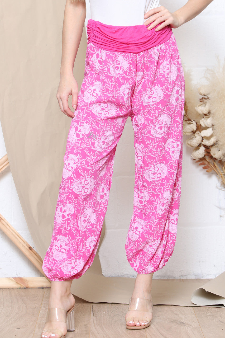 Ladies Skull Print Gypsy Style Trousers Cerise