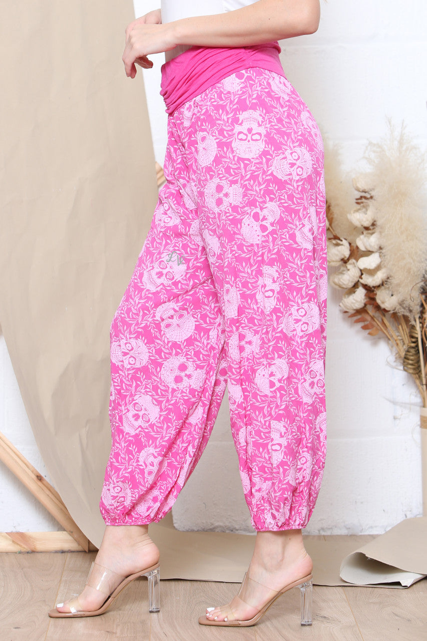 Ladies Skull Print Gypsy Style Trousers Cerise
