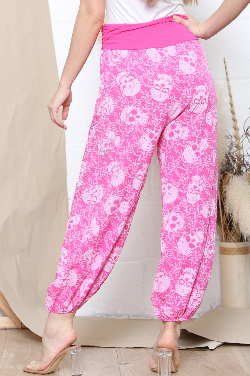 Ladies Skull Print Gypsy Style Trousers Cerise