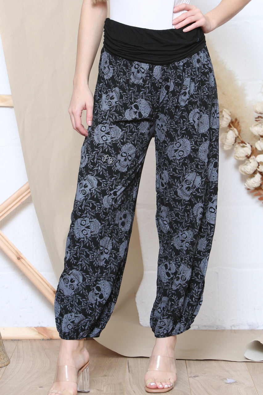 Ladies Skull Print Gypsy Style Trousers Black