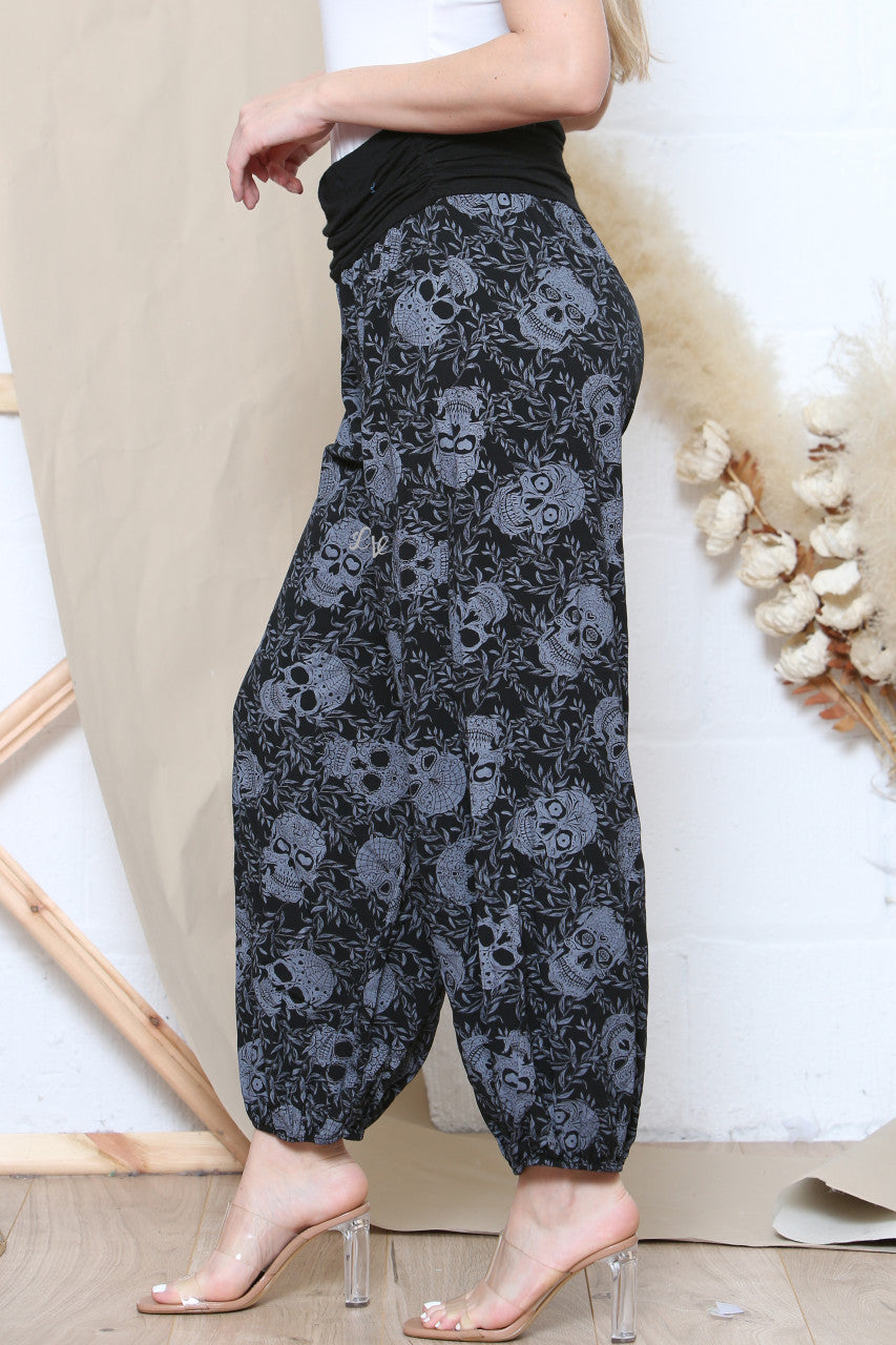 Ladies Skull Print Gypsy Style Trousers Black