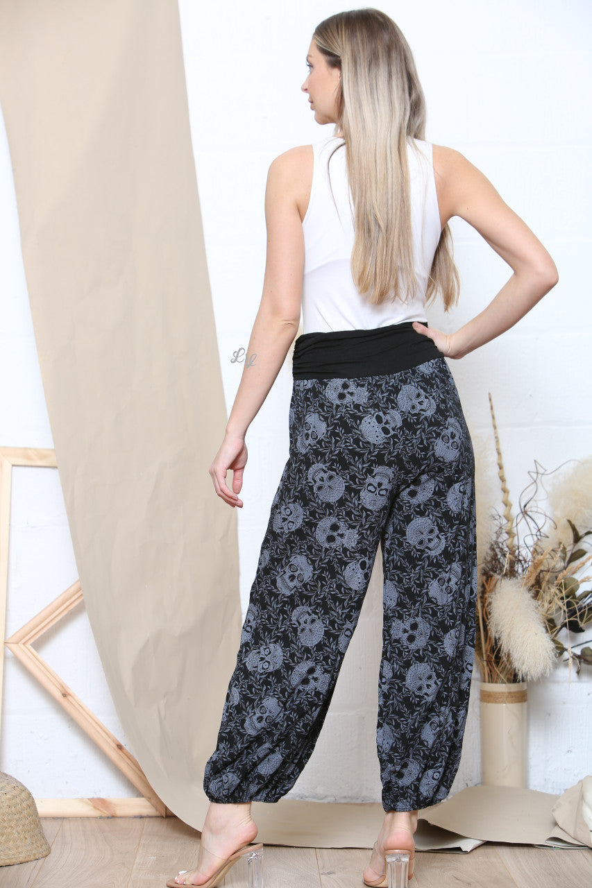 Ladies Skull Print Gypsy Style Trousers Black