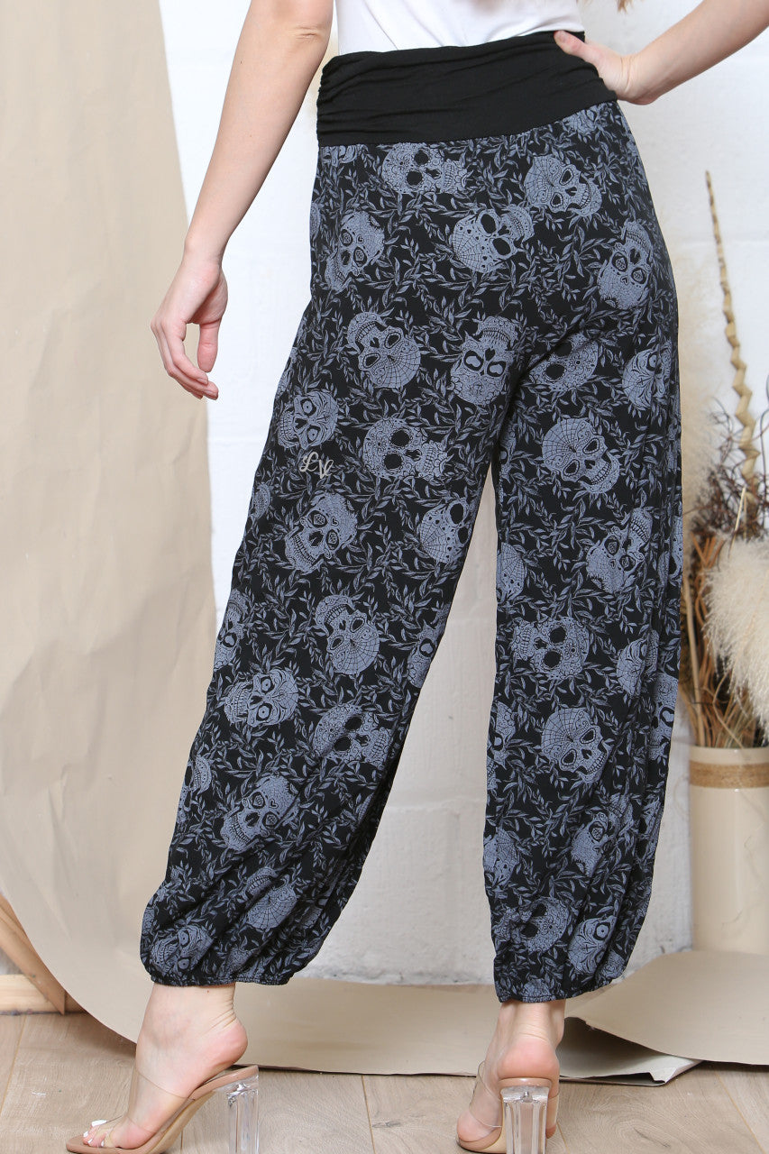 Ladies Skull Print Gypsy Style Trousers Black