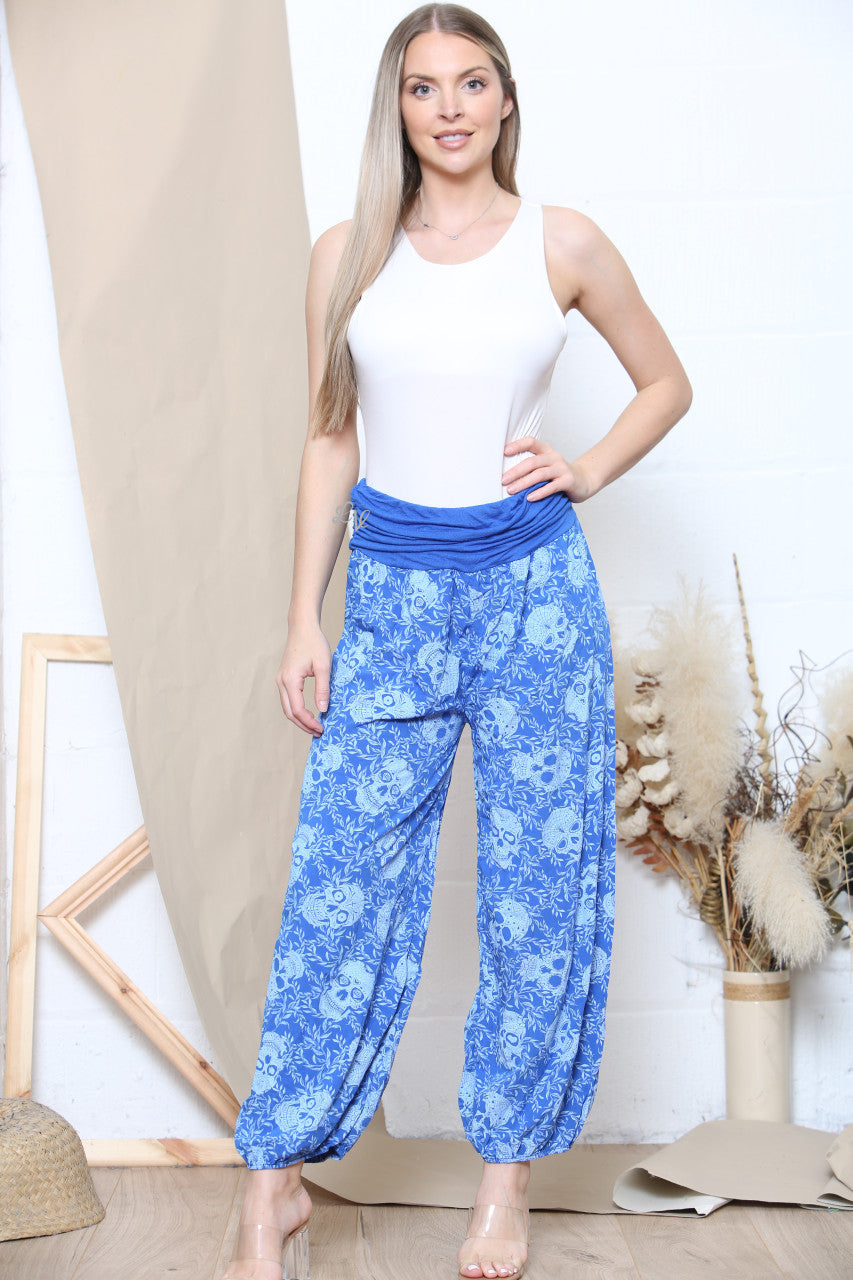 Ladies Skull Print Gypsy Style Trousers Royal Blue