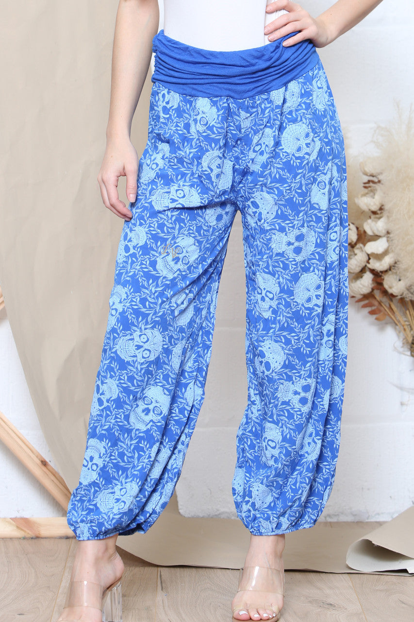 Ladies Skull Print Gypsy Style Trousers Royal Blue