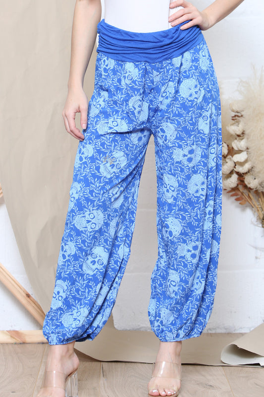Damesbroek met doodskop print in gipsy-stijl koningsblauw