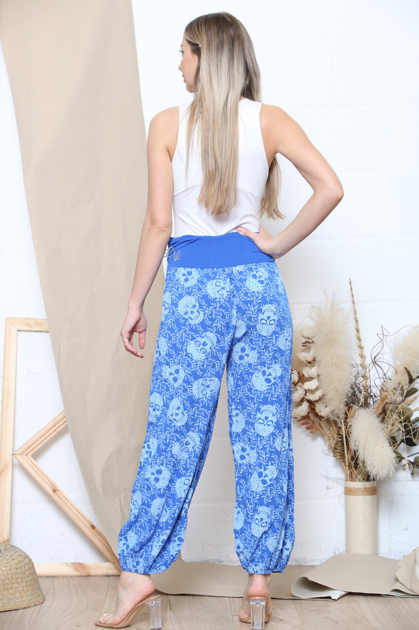 Ladies Skull Print Gypsy Style Trousers Royal Blue