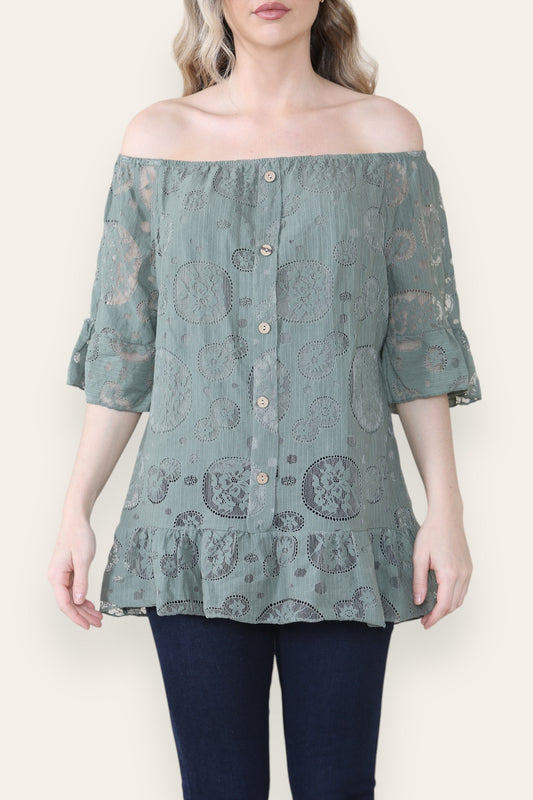 LACE FLORAL PATTERN BARDOT TOP KHAKI
