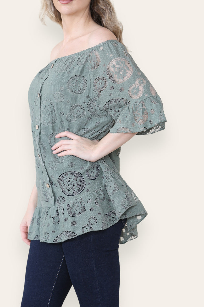 LACE FLORAL PATTERN BARDOT TOP KHAKI
