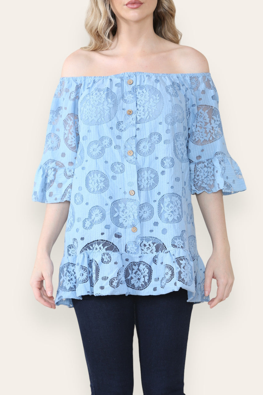 LACE FLORAL PATTERN BARDOT TOP SKY BLUE