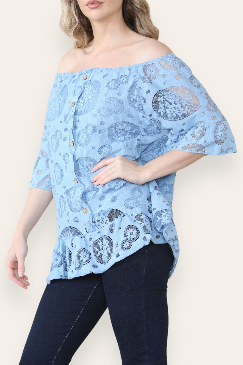 LACE FLORAL PATTERN BARDOT TOP SKY BLUE