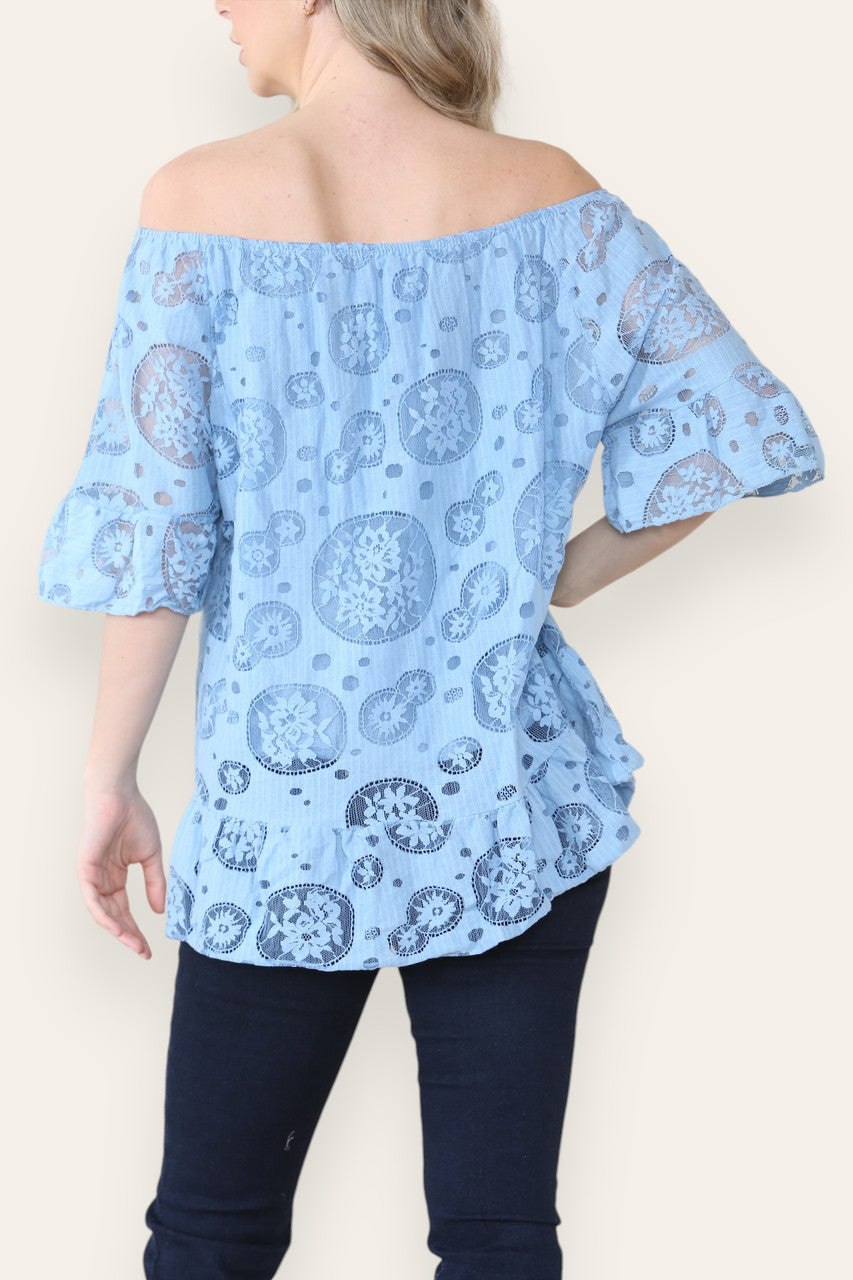 LACE FLORAL PATTERN BARDOT TOP SKY BLUE