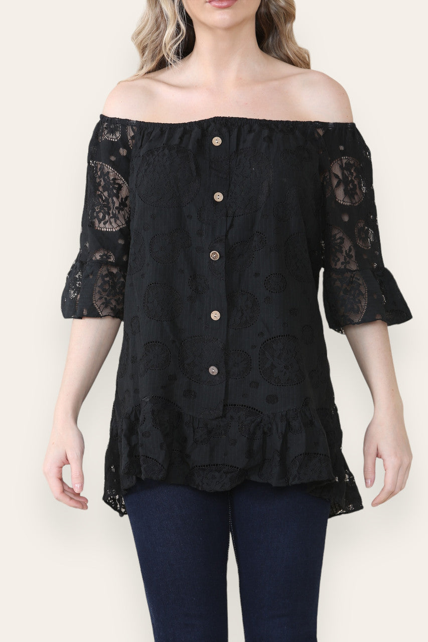 LACE FLORAL PATTERN BARDOT TOP BLACK