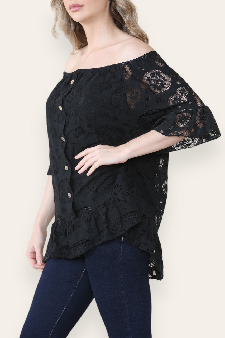 LACE FLORAL PATTERN BARDOT TOP BLACK