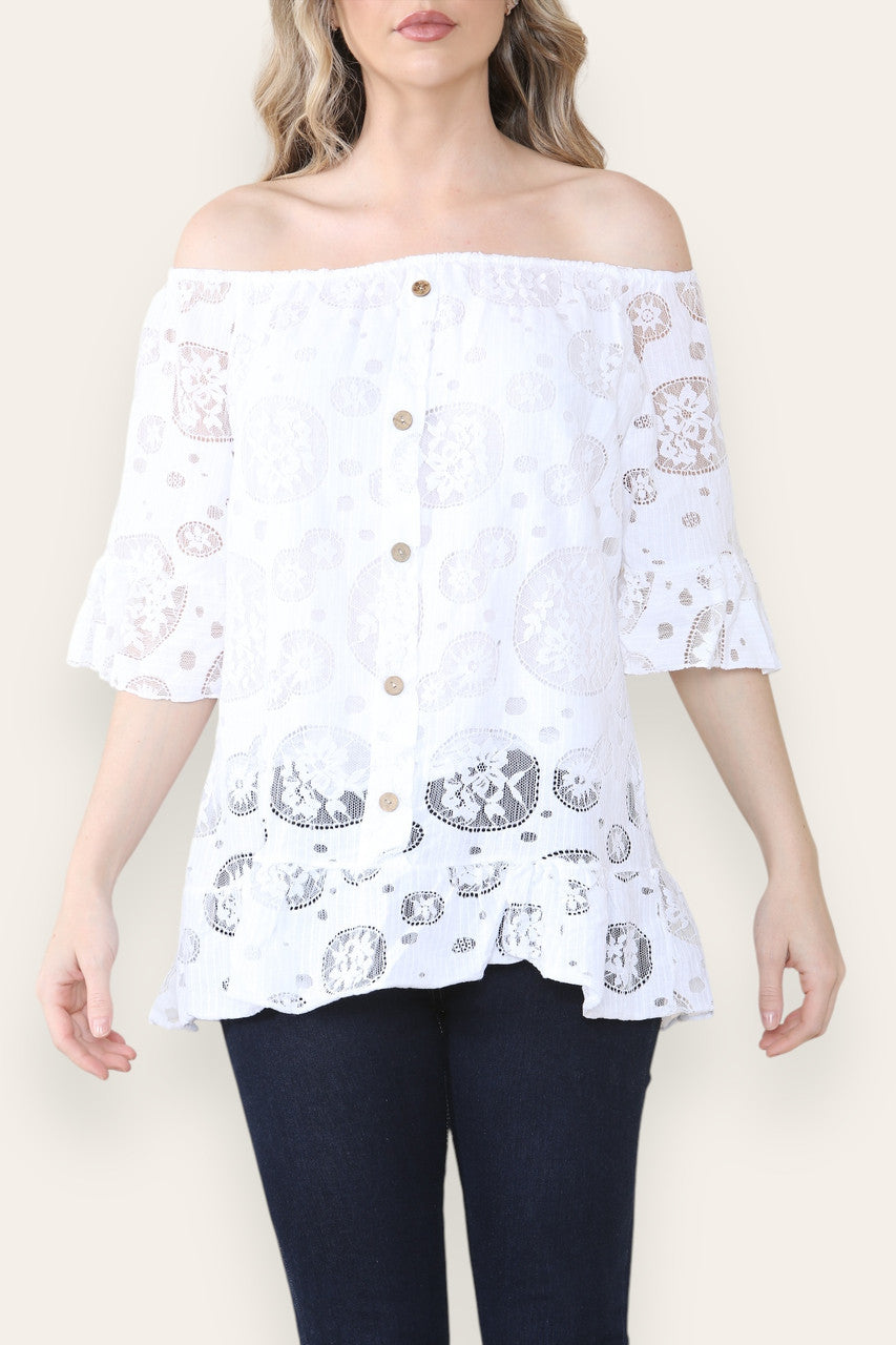 LACE FLORAL PATTERN BARDOT TOP WHITE