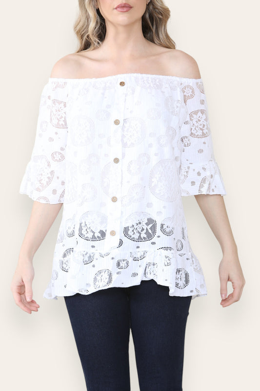 LACE FLORAL PATTERN BARDOT TOP WHITE