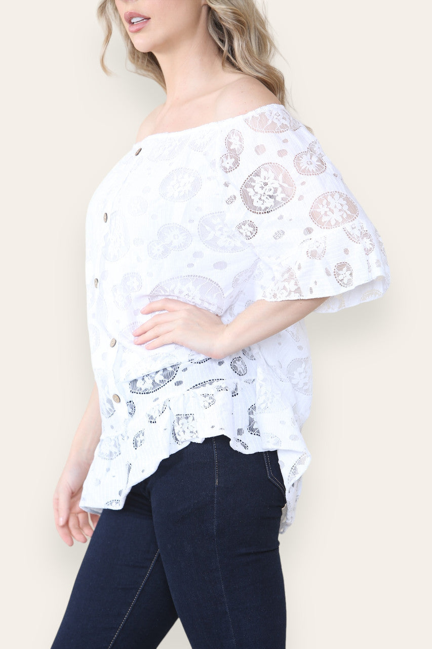 LACE FLORAL PATTERN BARDOT TOP WHITE