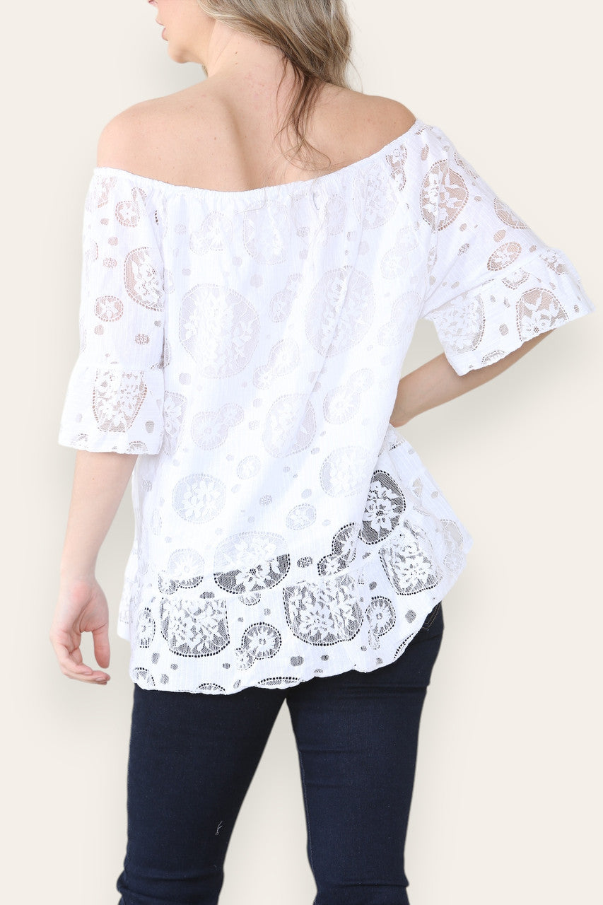 LACE FLORAL PATTERN BARDOT TOP WHITE