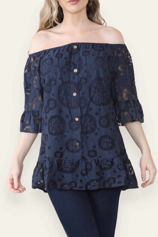 LACE FLORAL PATTERN BARDOT TOP NAVY