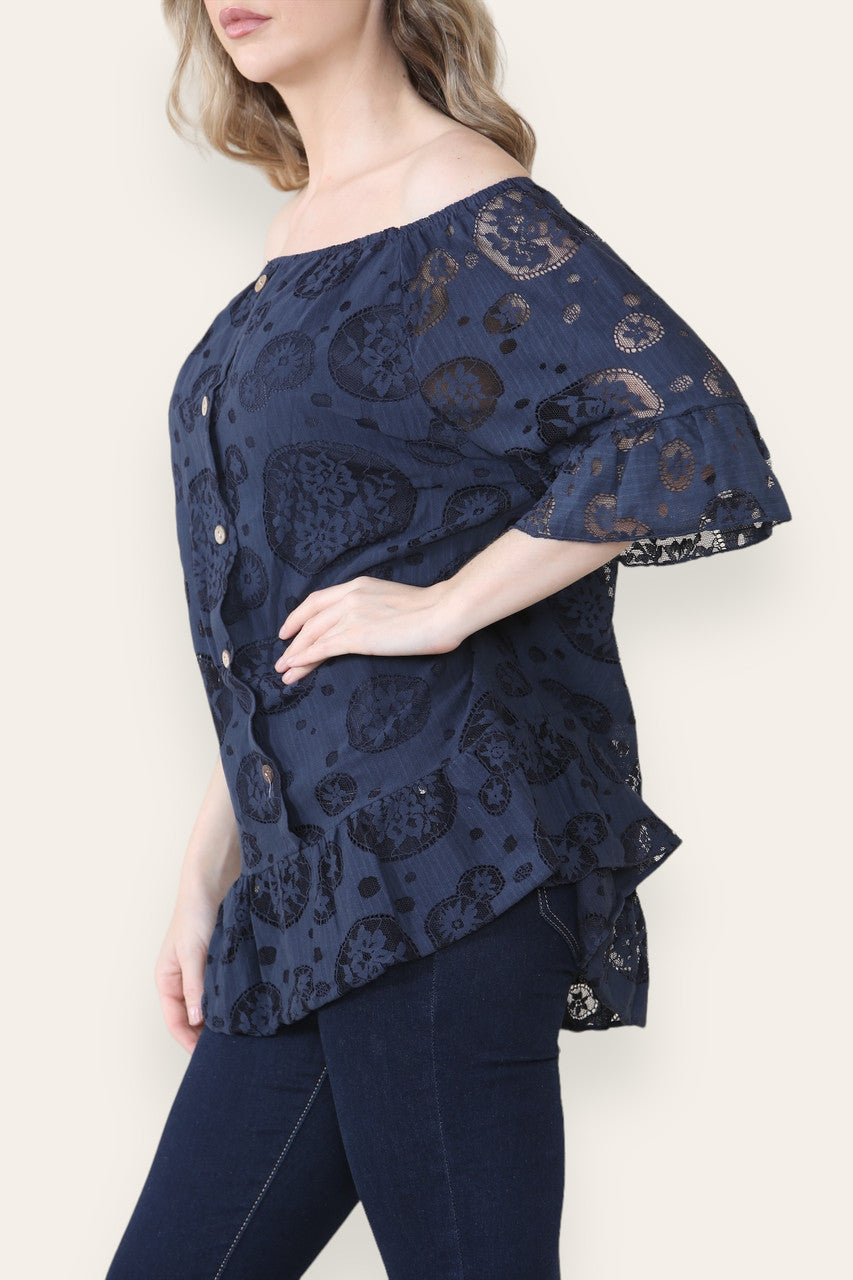 LACE FLORAL PATTERN BARDOT TOP NAVY