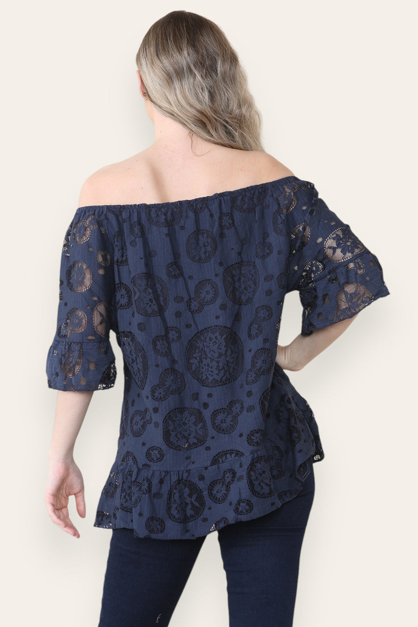 LACE FLORAL PATTERN BARDOT TOP NAVY