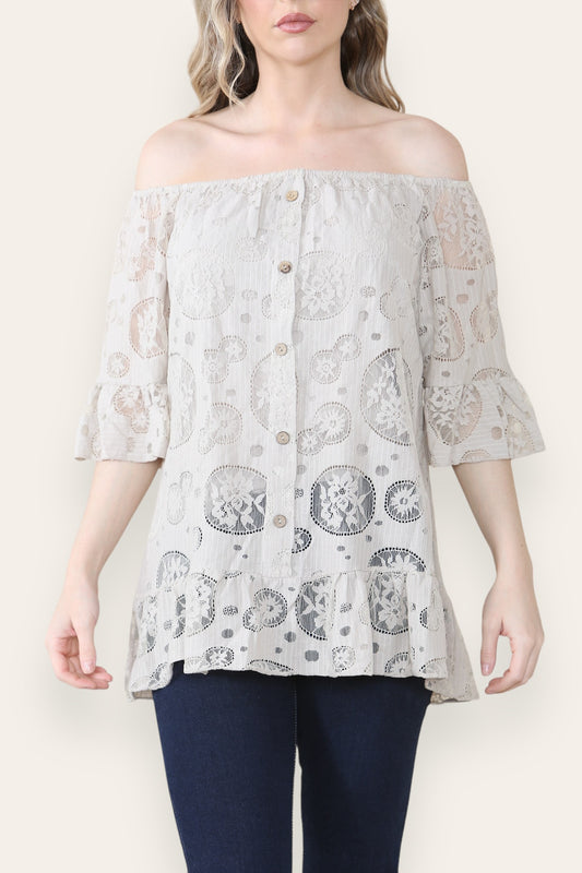 LACE FLORAL PATTERN BARDOT TOP STONE
