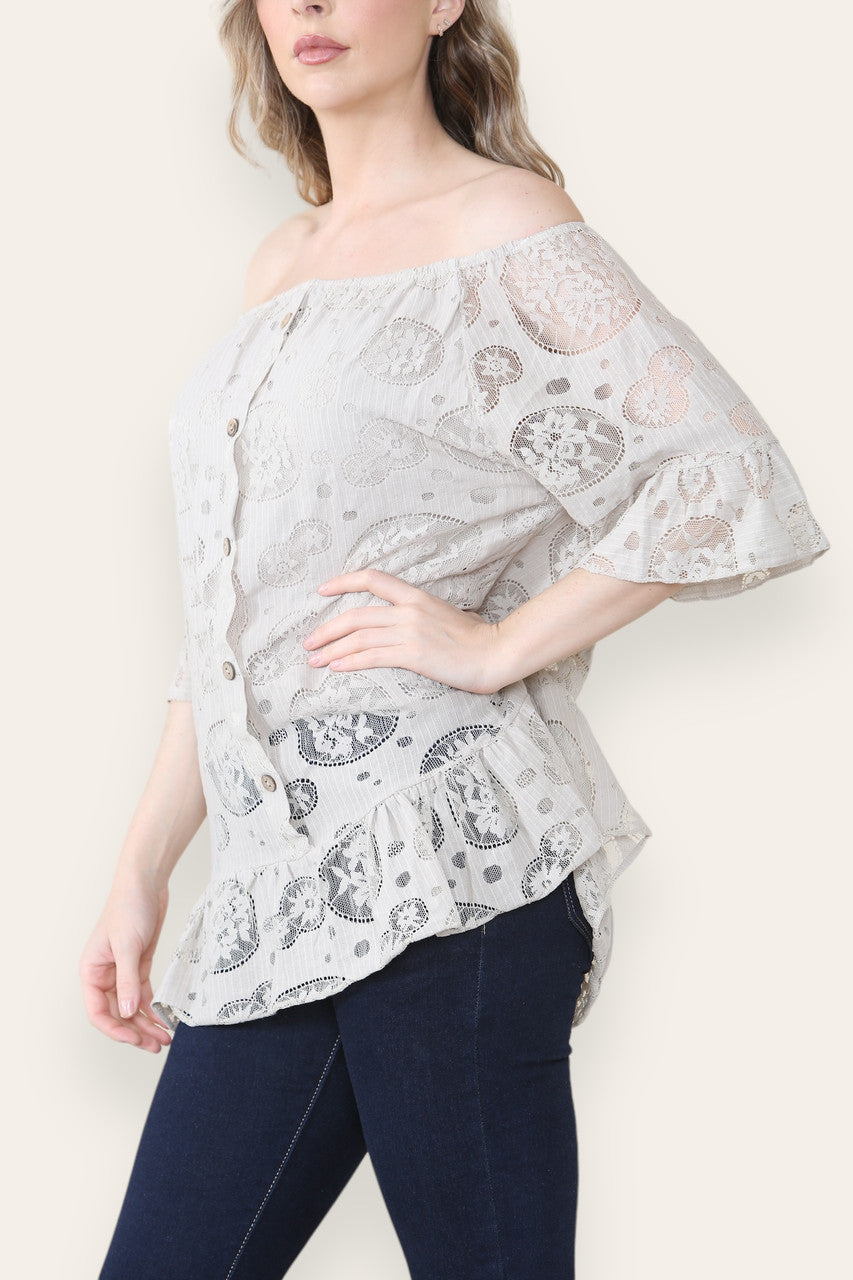 LACE FLORAL PATTERN BARDOT TOP STONE
