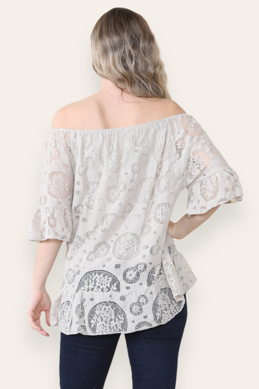 LACE FLORAL PATTERN BARDOT TOP STONE