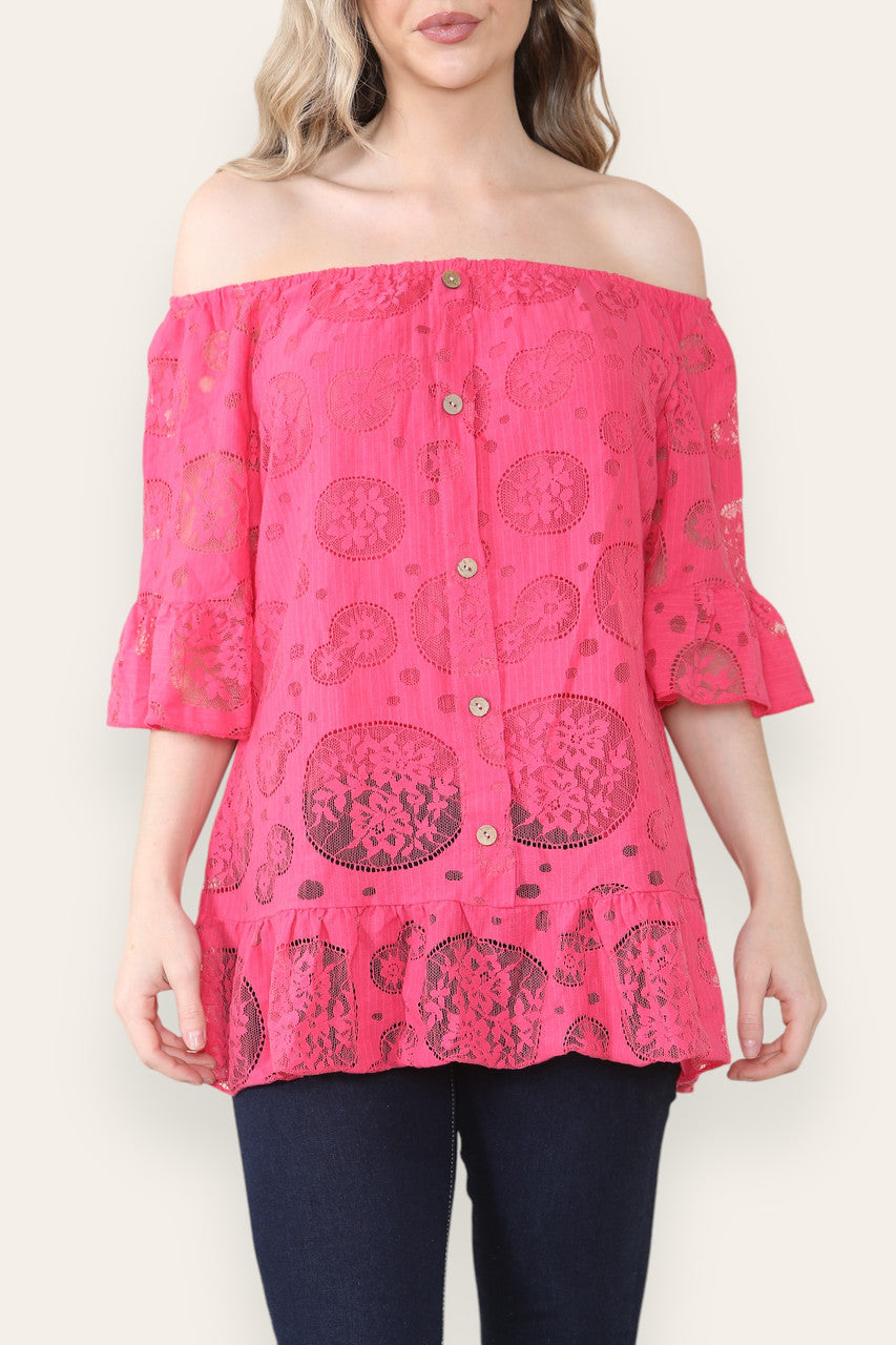 LACE FLORAL PATTERN BARDOT TOP CERISE
