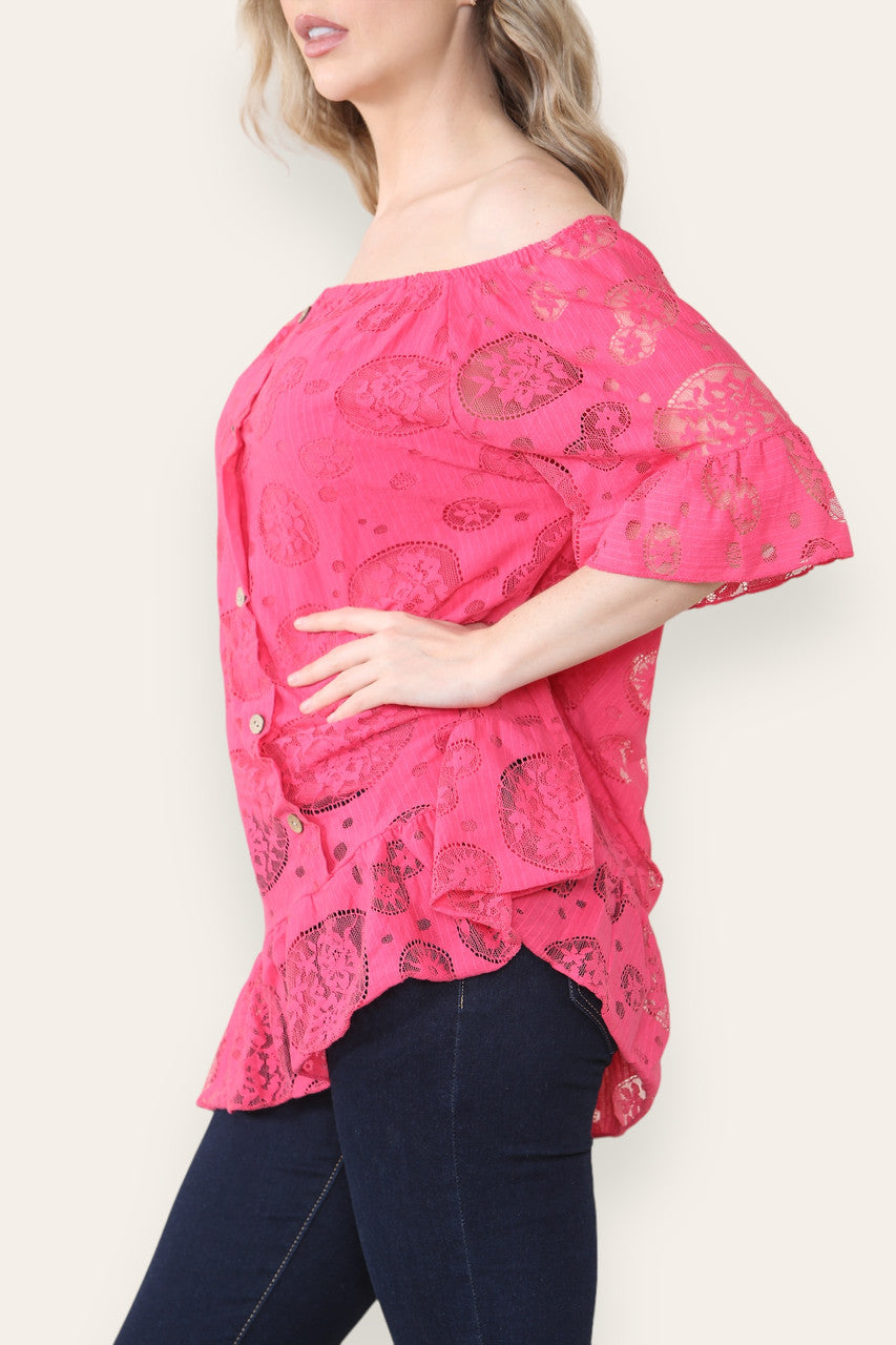 LACE FLORAL PATTERN BARDOT TOP CERISE