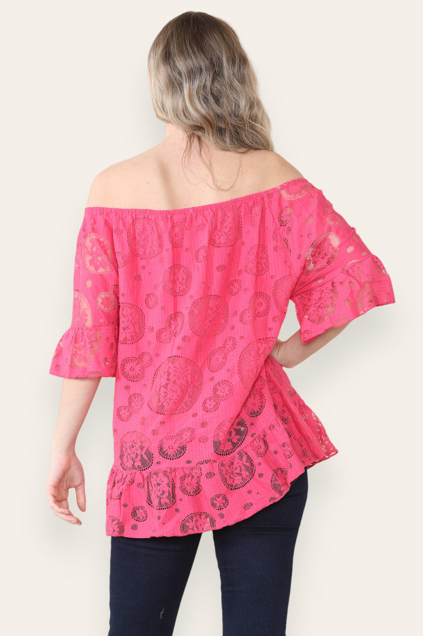 LACE FLORAL PATTERN BARDOT TOP CERISE