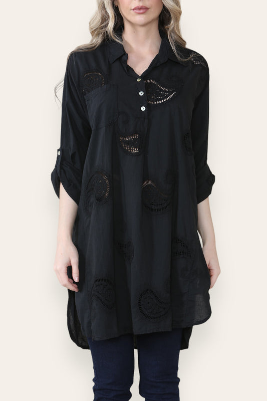 PAISLEY ANGLAISE BRODERIE PATTERN SHIRT TUNIC TOP BLACK