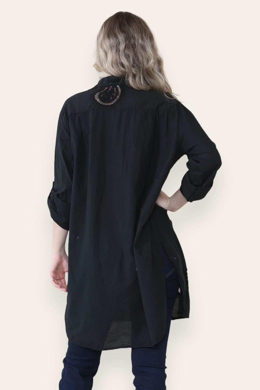 PAISLEY ANGLAISE BORDUURWERK PATROON OVERHEMD TUNIEK TOP ZWART