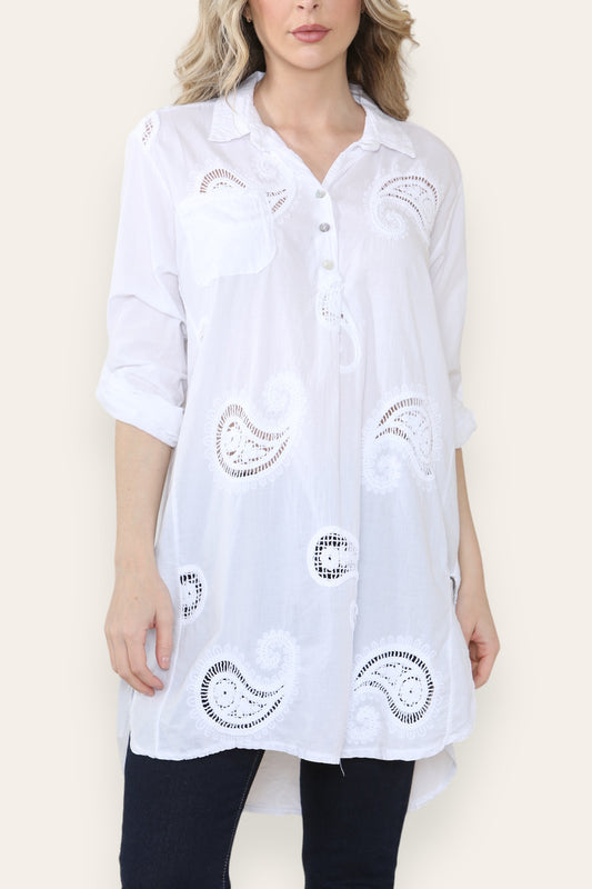 PAISLEY ANGLAISE BRODERIE PATTERN SHIRT TUNIC TOP WHITE