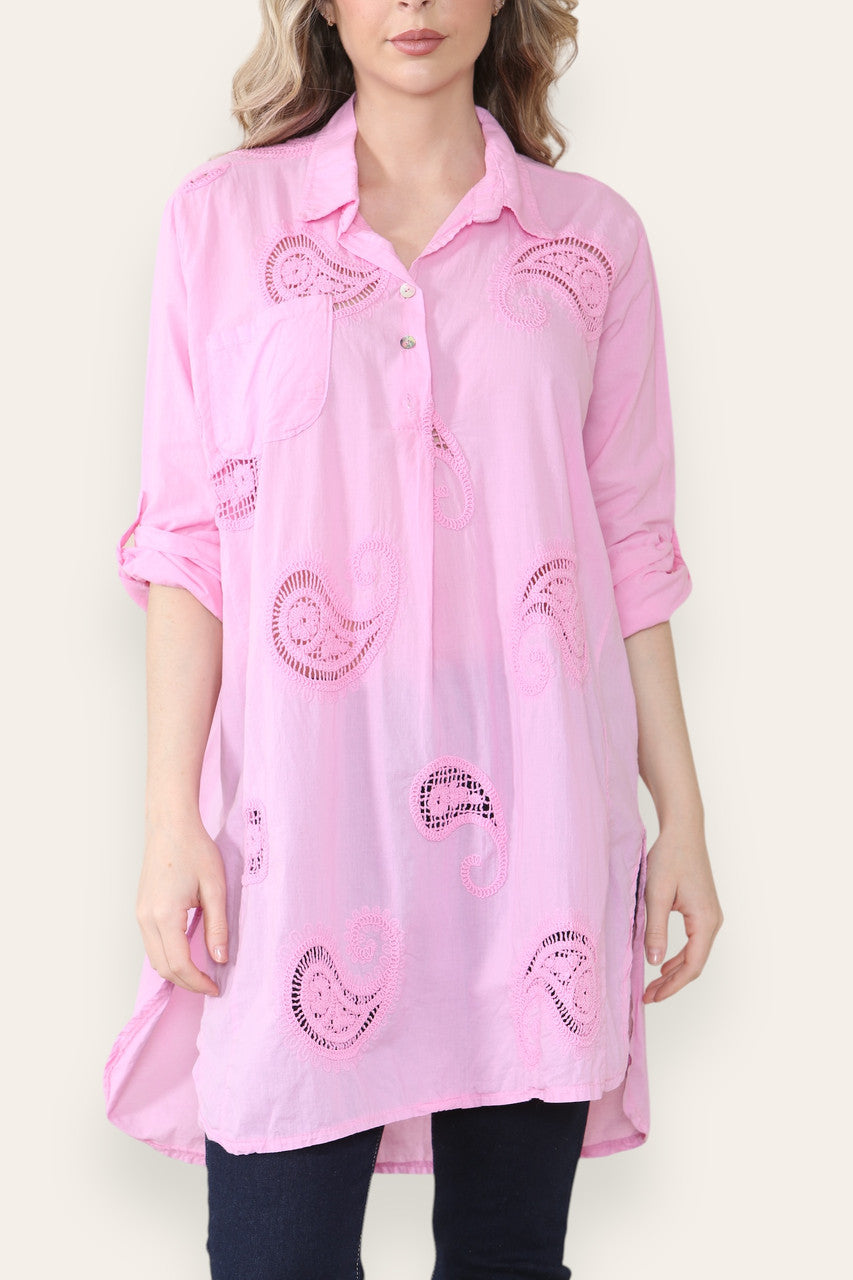 PAISLEY ANGLAISE BRODERIE PATTERN SHIRT TUNIC TOP PINK