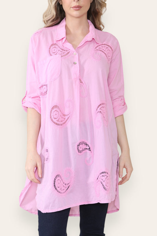 PAISLEY ANGLAISE BRODERIE PATTERN SHIRT TUNIC TOP PINK