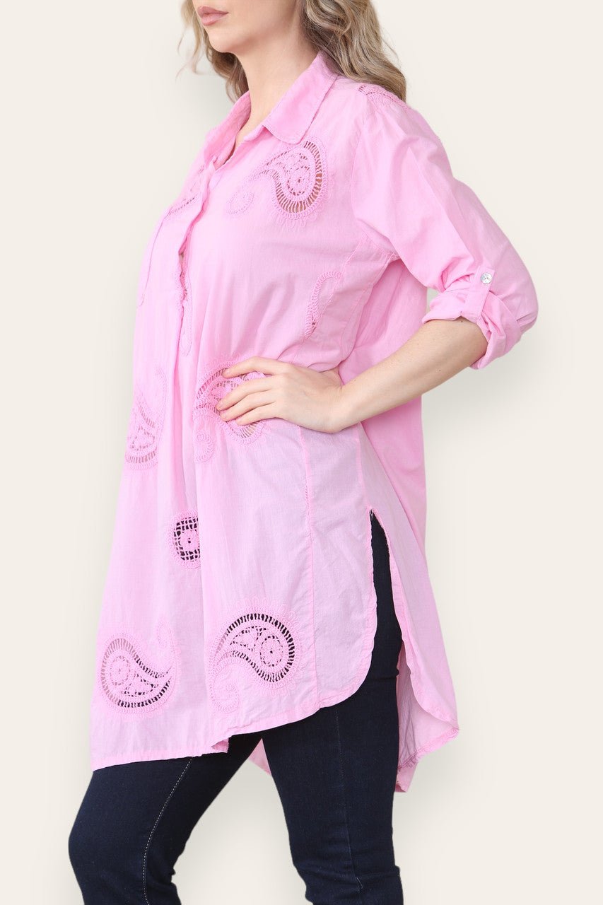 PAISLEY ANGLAISE BRODERIE PATTERN SHIRT TUNIC TOP PINK