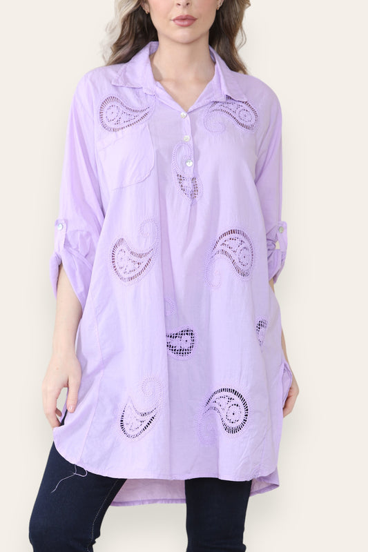 PAISLEY ANGLAISE BRODERIE PATTERN SHIRT TUNIC TOP LILAC