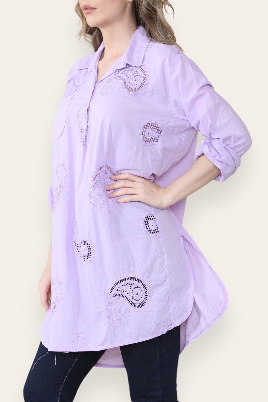 PAISLEY ANGLAISE BRODERIE PATTERN SHIRT TUNIC TOP LILAC