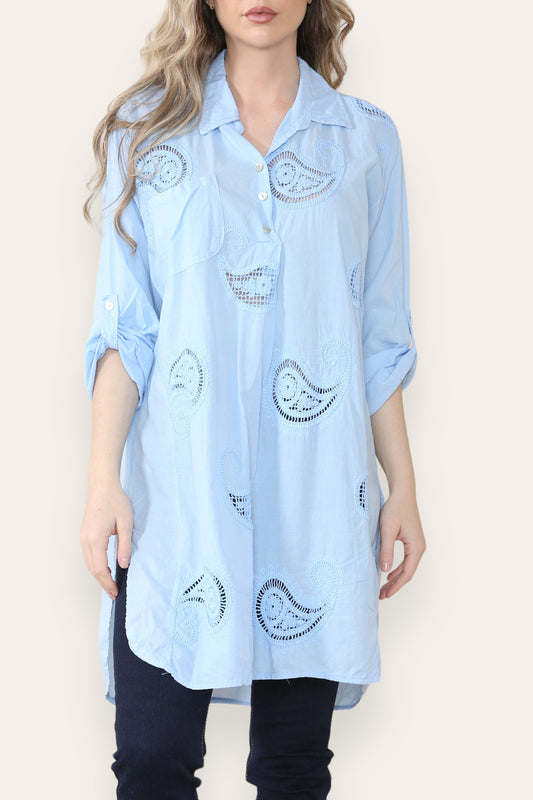 PAISLEY ANGLAISE BRODERIE PATTERN SHIRT TUNIC TOP LIGHT BLUE