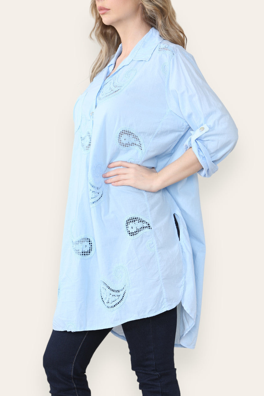 PAISLEY ANGLAISE BORDUURWERK PATROON OVERHEMD TUNIEK TOP LICHTBLAUW